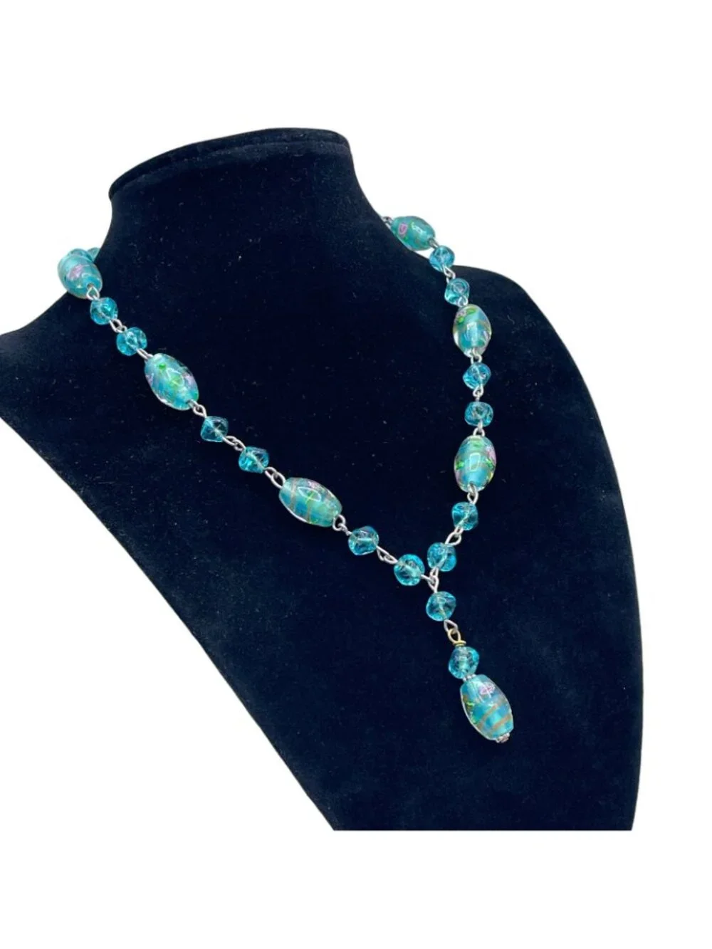 Handmade Glass Bead Lavalier Necklace Teal Gold Pink Rose Sterling Vintage 1950s - Picture 2 of 13